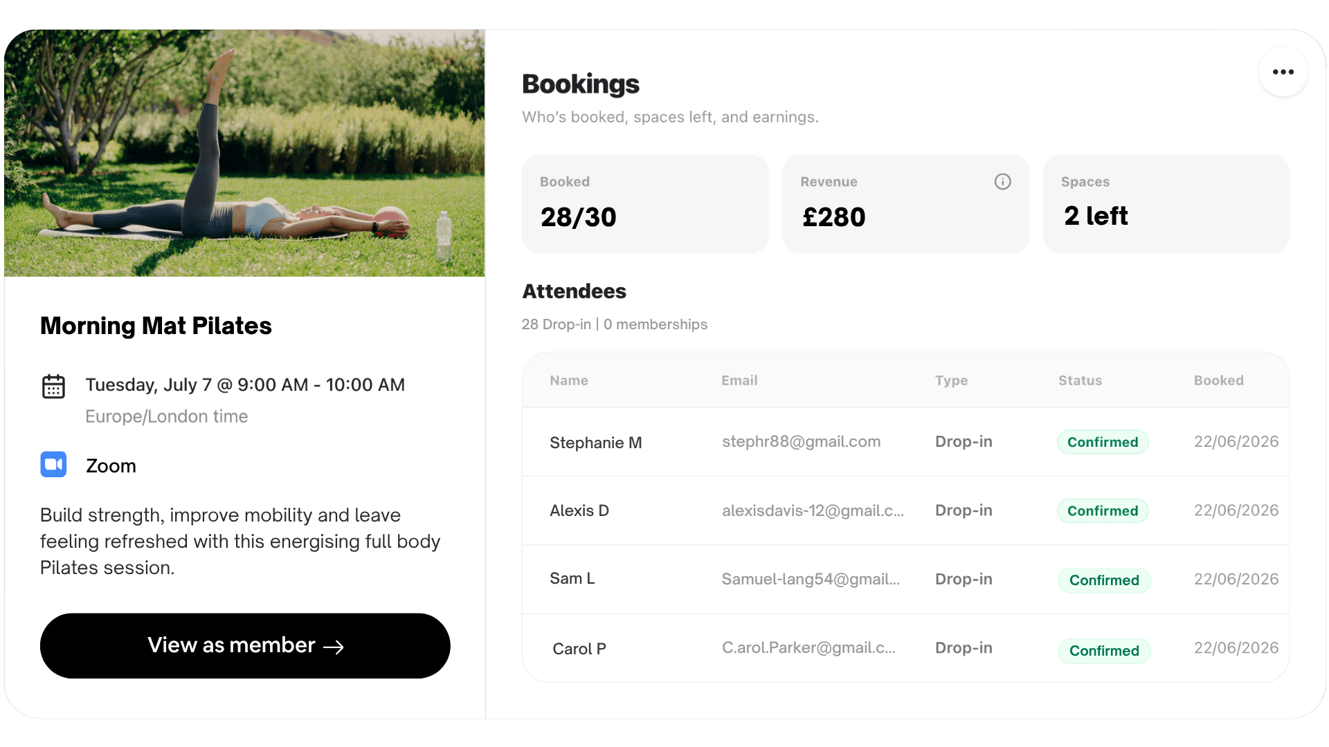 Libree bookings and events interface